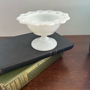 Vintage Anchor Hocking Open Lace milk glass pedestal bowl Dish White SMALL 5”
